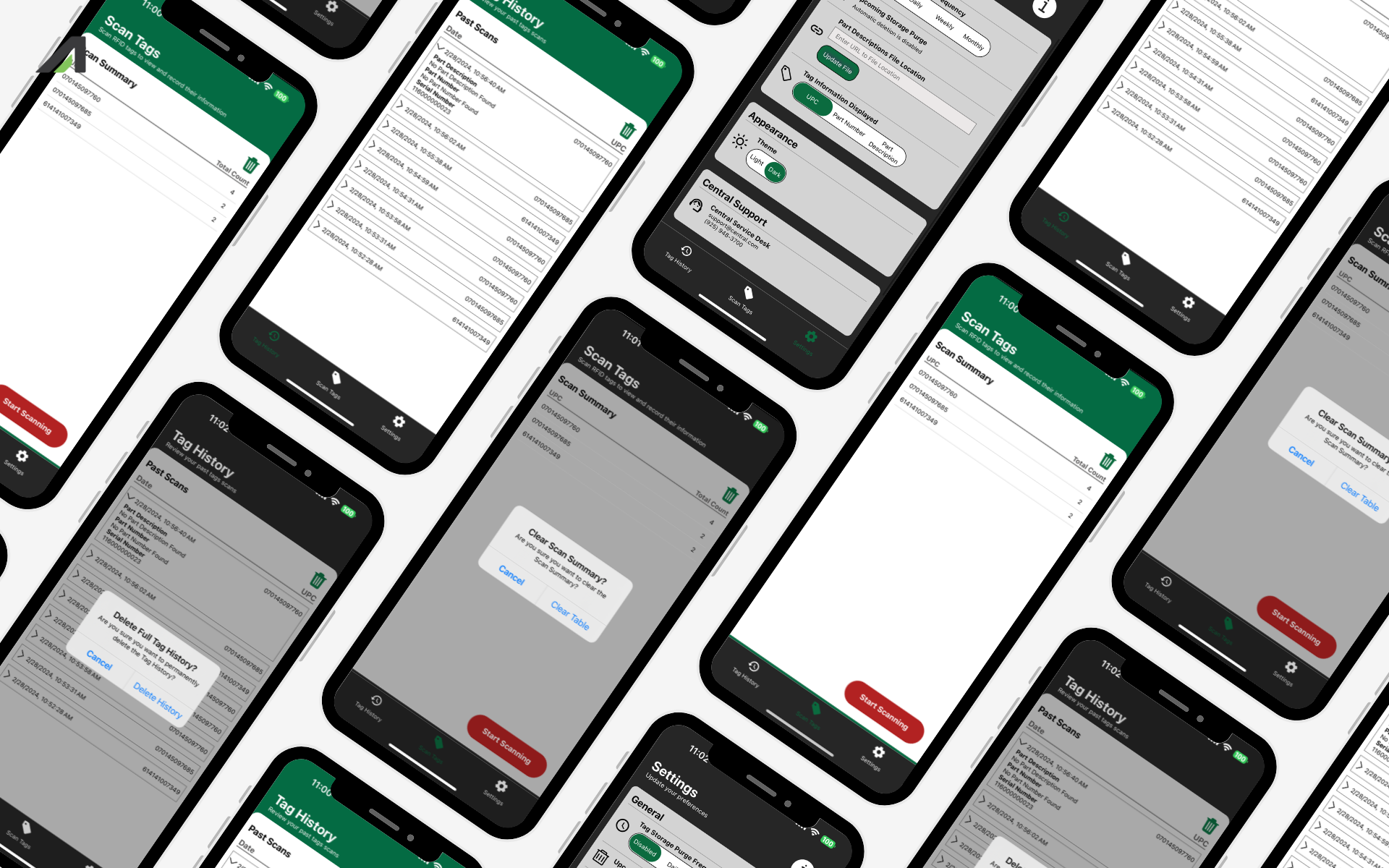 a wall of slightly rotated mobile screens all displaying different app pages