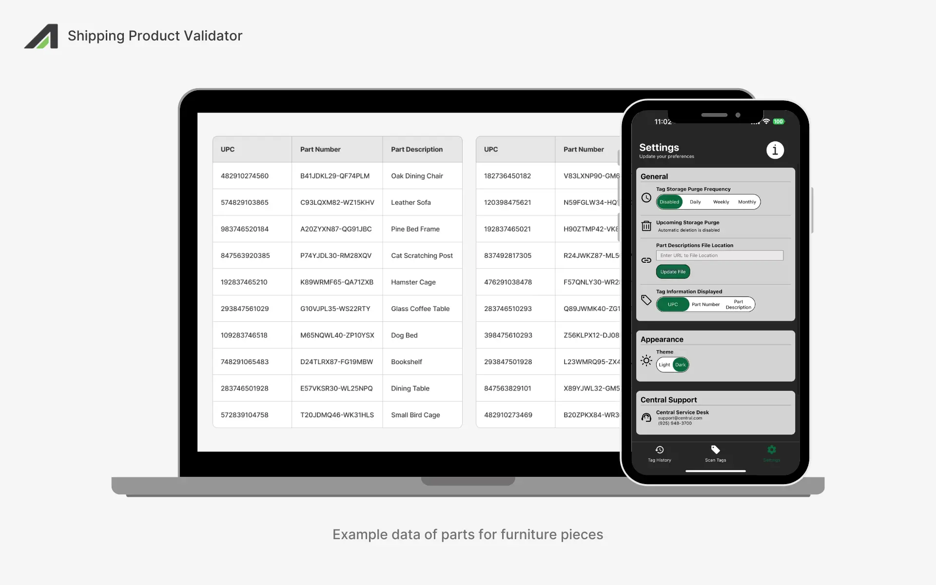 a laptop displaying a table of part numbers, a mobile phone (dark mode) displaying settings