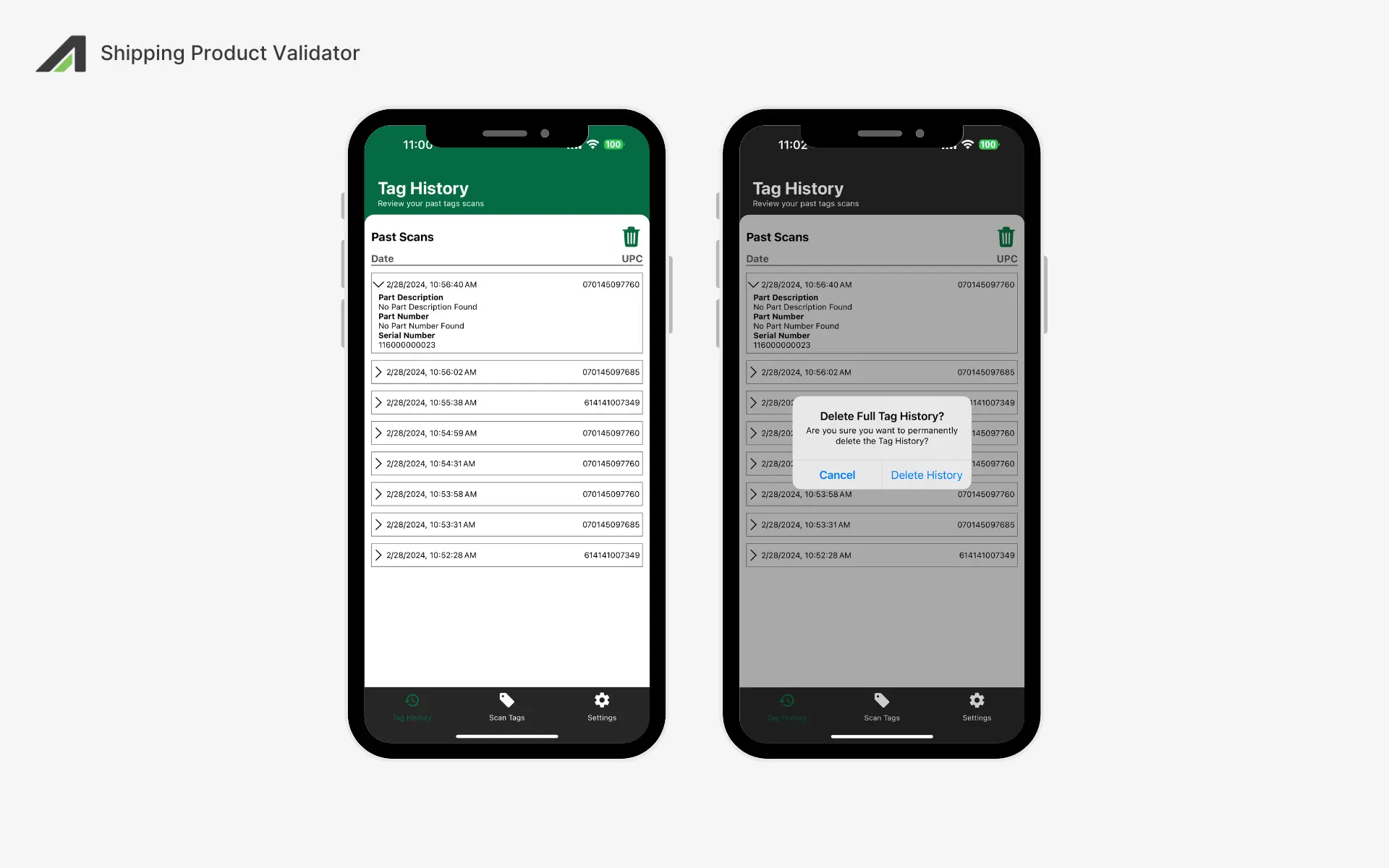 two mobile phones (one dark mode, other light mode) displays a scan history